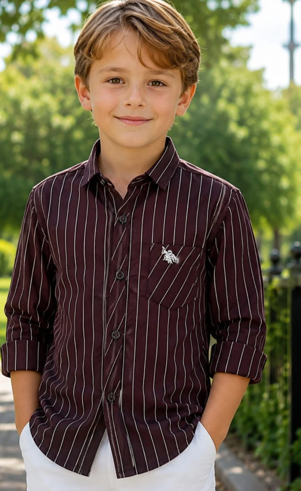 Boy modelling a striped burgundy shirt