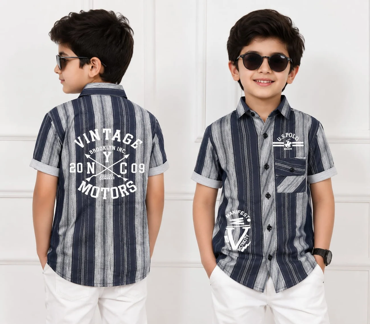 A graphic stripe style shown in two views.