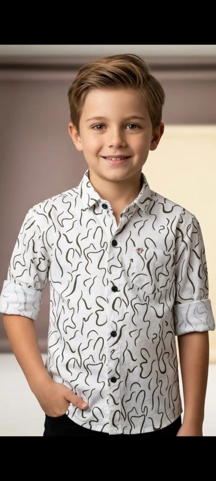A light shirt with all-over line motifs.